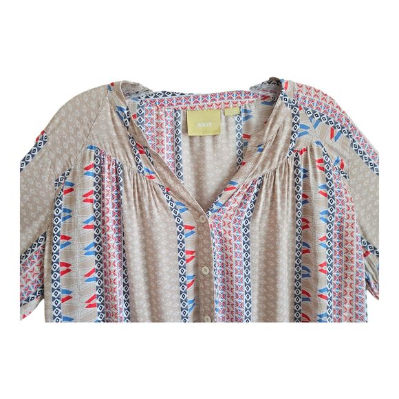 ANTHROPOLOGIE MAEVE Women M Blouse Southwest Button Up 3/4 Sleeve Beige Blue 44" - Picture 2 of 8